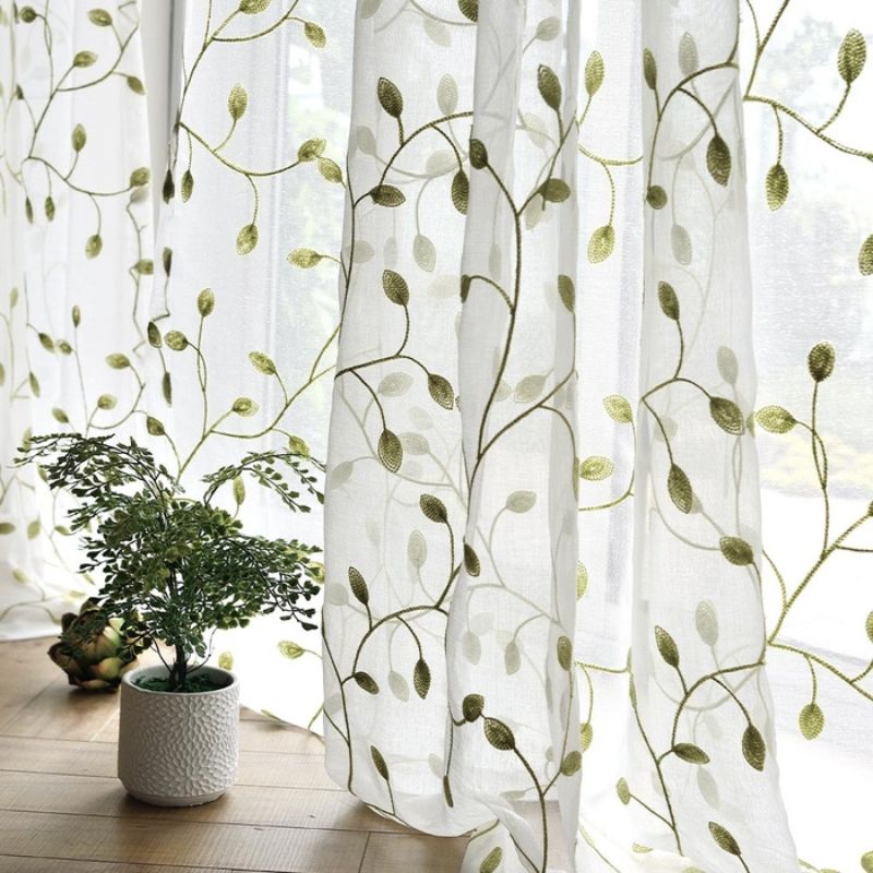 Zeva Vine Leaves Embroidered Sheer Curtains Soft Top, Green/White