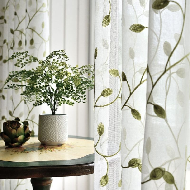Zeva Vine Leaves Embroidered Sheer Curtains Pleated, Green/White