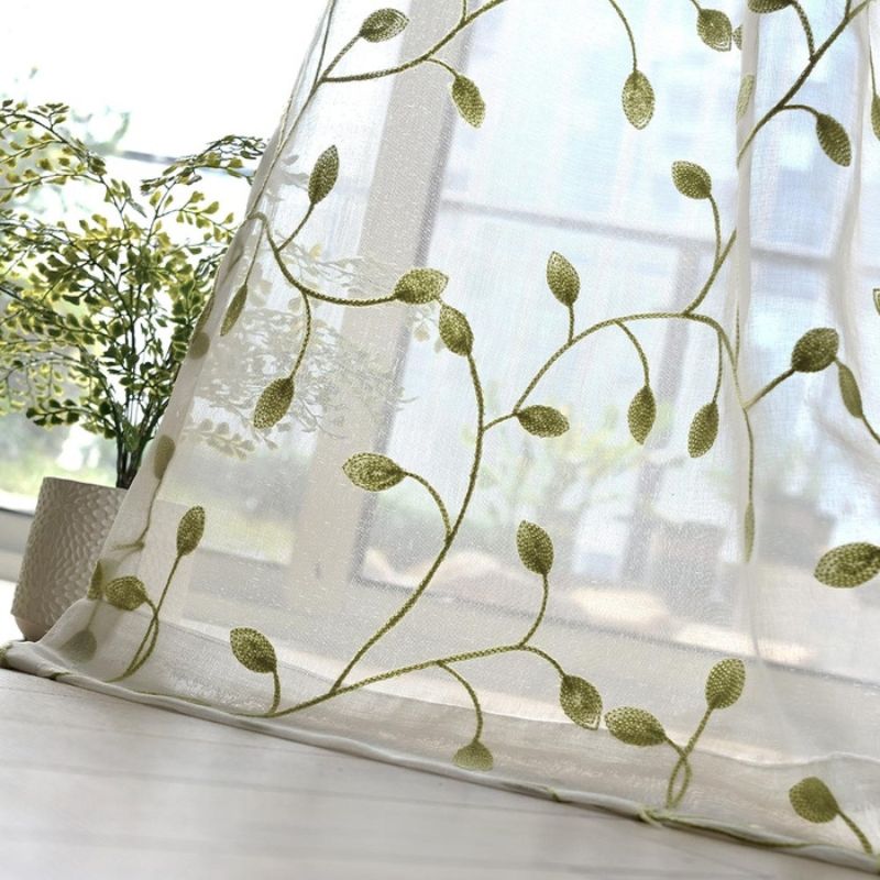 Zeva Vine Leaves Embroidered Sheer Curtains Grommet, Green/White