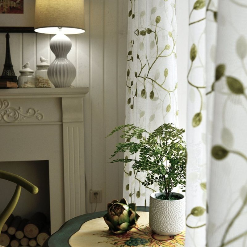 Zeva Vine Leaves Embroidered Sheer Curtains Soft Top, Green/White