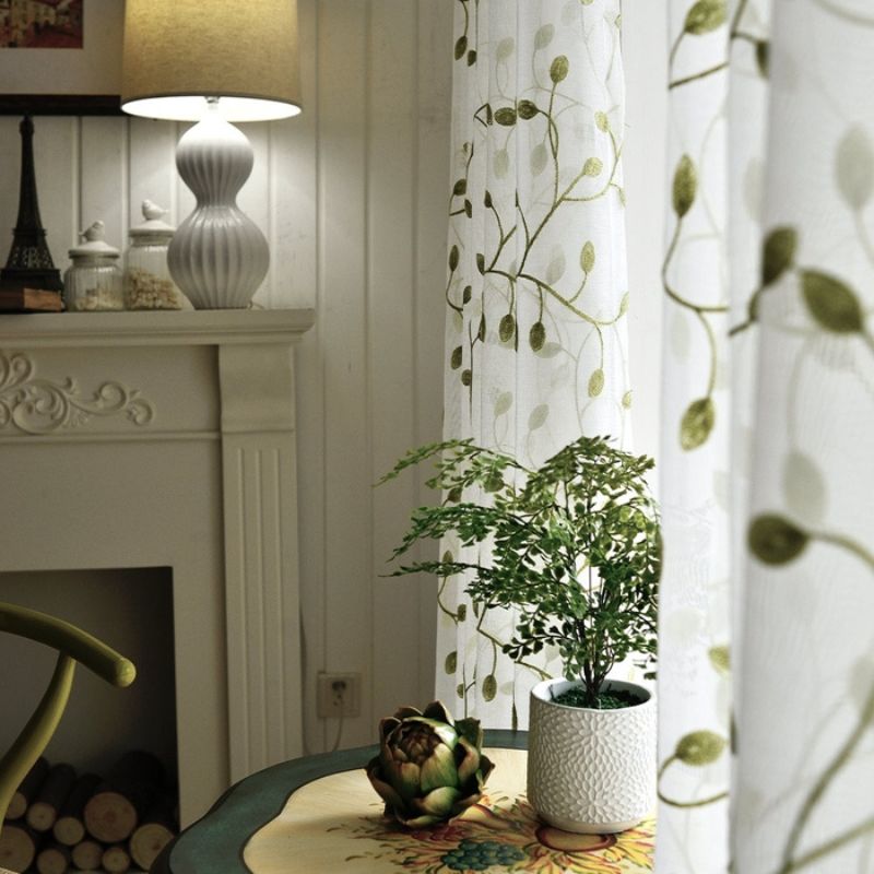 Zeva Vine Leaves Embroidered Sheer Curtains Pleated, Green/White