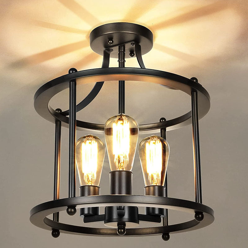Alessio Flush Mount Ceiling Light Lantern Industrial, Metal, Black, Dining Room