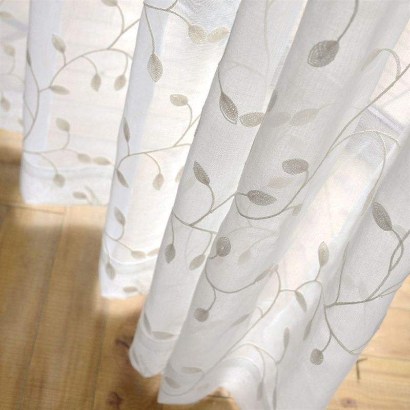 Zeva Vine Leaves Embroidered Sheer Curtains Pleated, Green/White