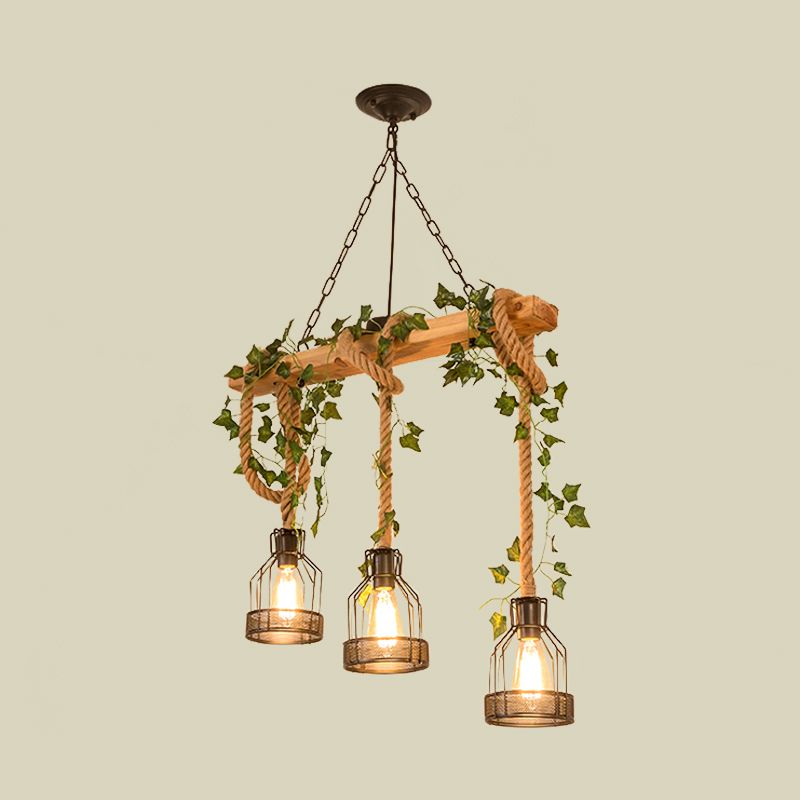 Alessio Caged Vintage Farmhouse Wood Beam Pendant Light 3/5 Heads