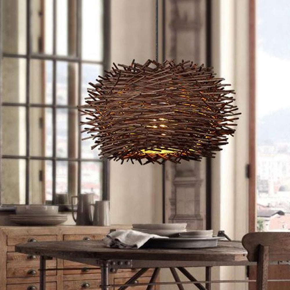 Ozawa Wooden Bird Nest Rattan Pendant Light, Brown/Wood