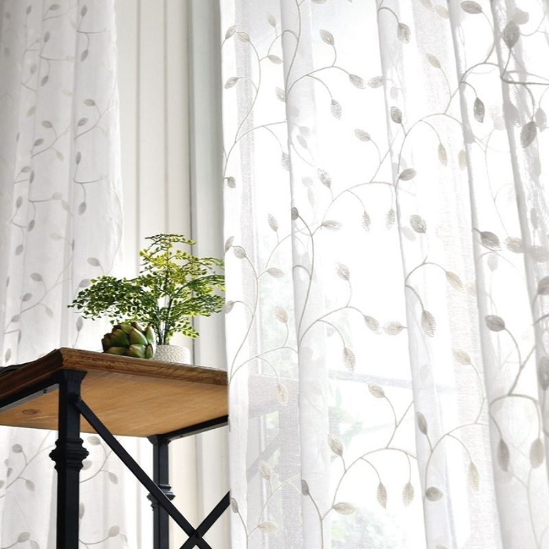 Zeva Vine Leaves Embroidered Sheer Curtains Pleated, Green/White