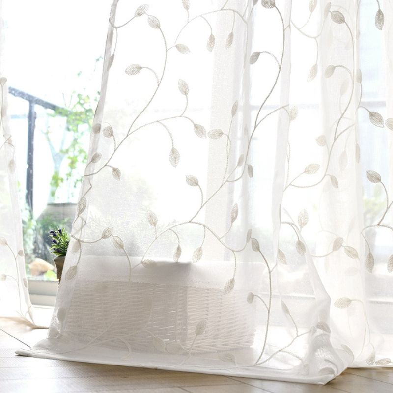 Zeva Vine Leaves Embroidered Sheer Curtains Pleated, Green/White