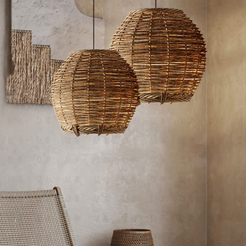 Muto Retro LED Pendant Light Wood Rattan Living Room Restaurant