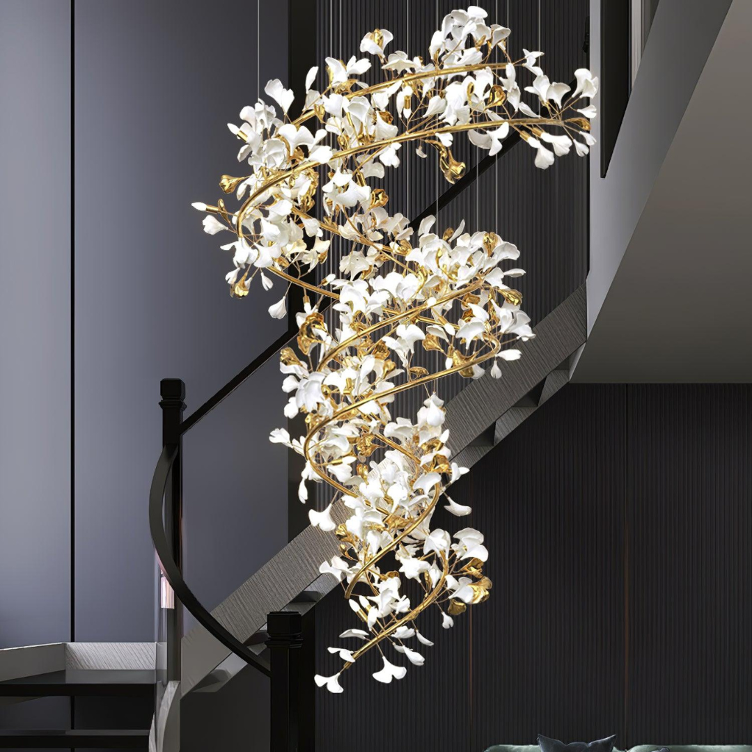 Olivia AntGlo Modern Gold Staircase Chandelier, Metal & Ceramic