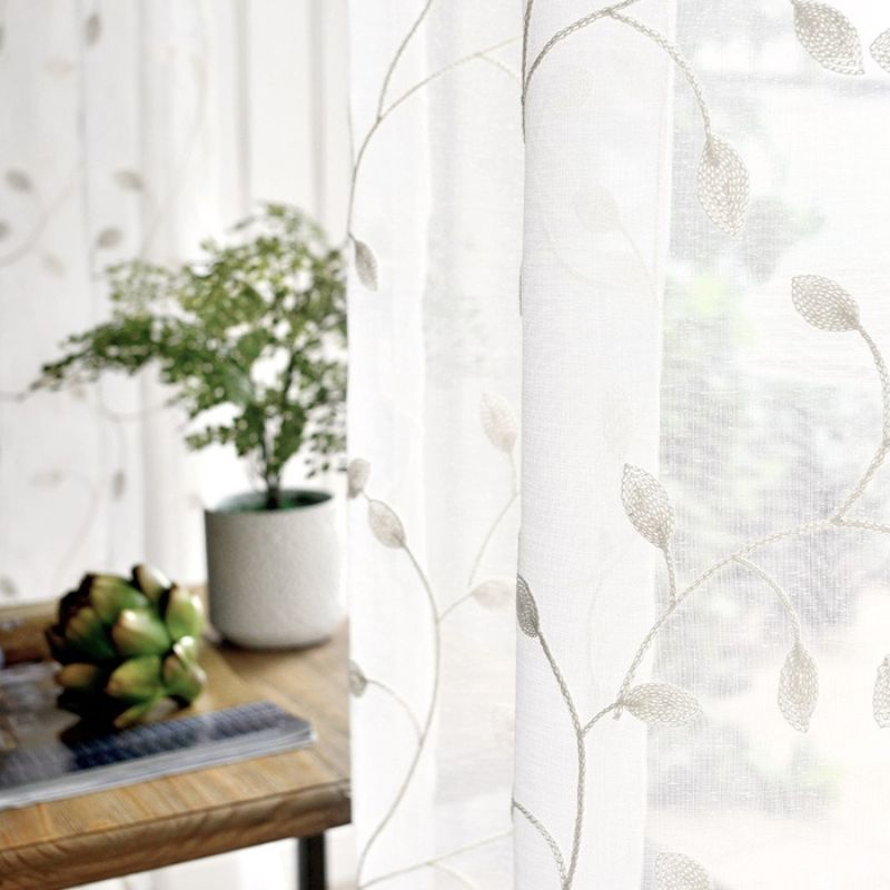 Zeva Vine Leaves Embroidered Sheer Curtains Pleated, Green/White