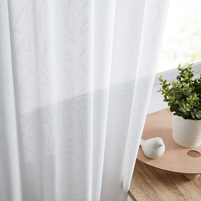 Ava Leave Pattern White Sheer Curtains Pleated