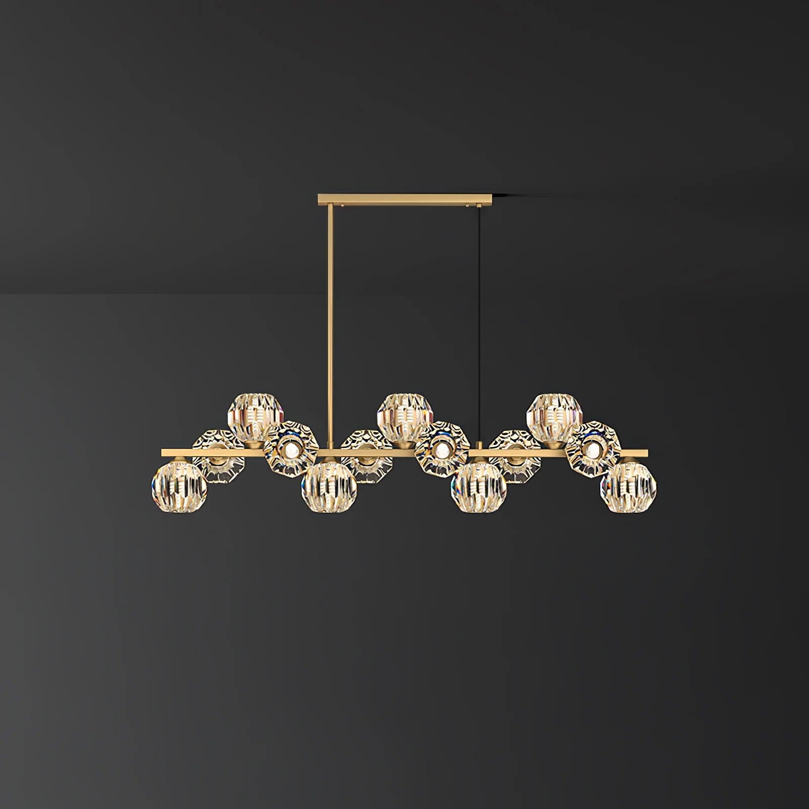 Valentina Modern LED Long Linear Metal Brass Multi Crystal Glass Globe Living/Dining Room Pendant Light