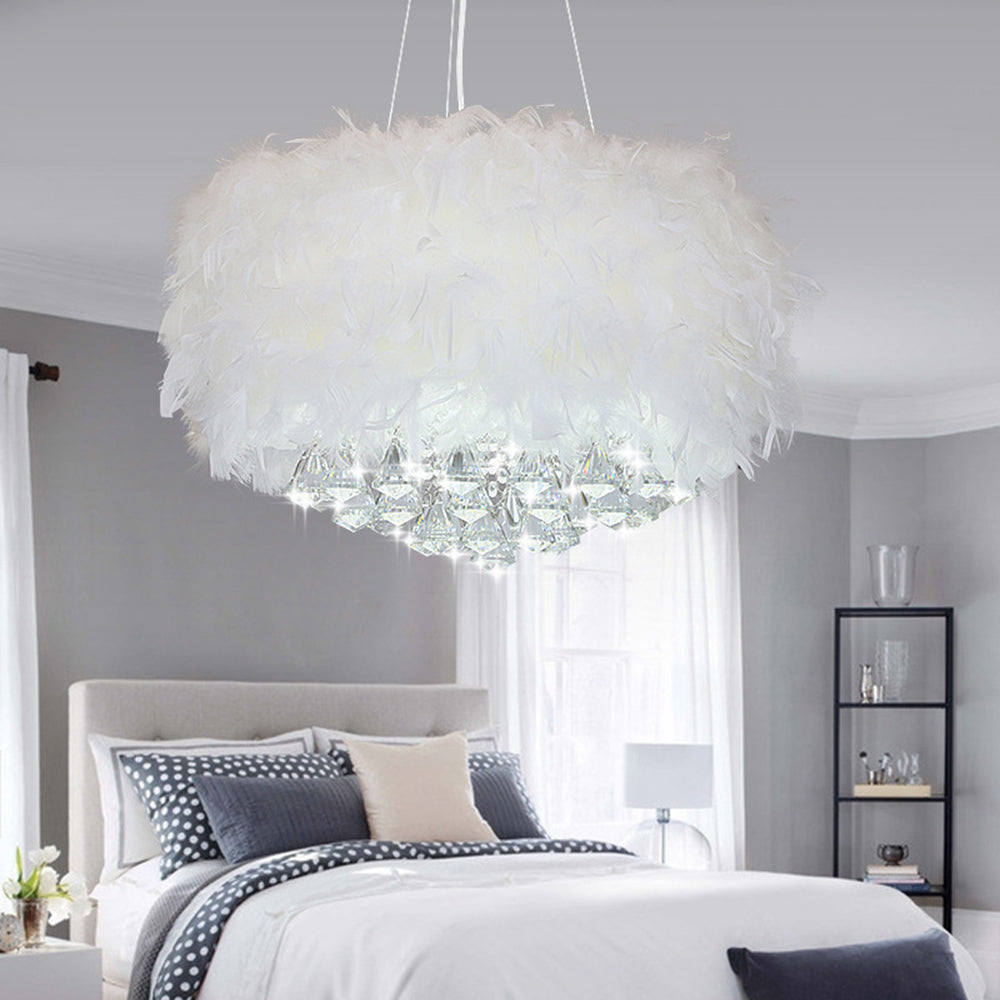 O'Moore Modern Luxury Round Chandelier, Feather/Crystal, White