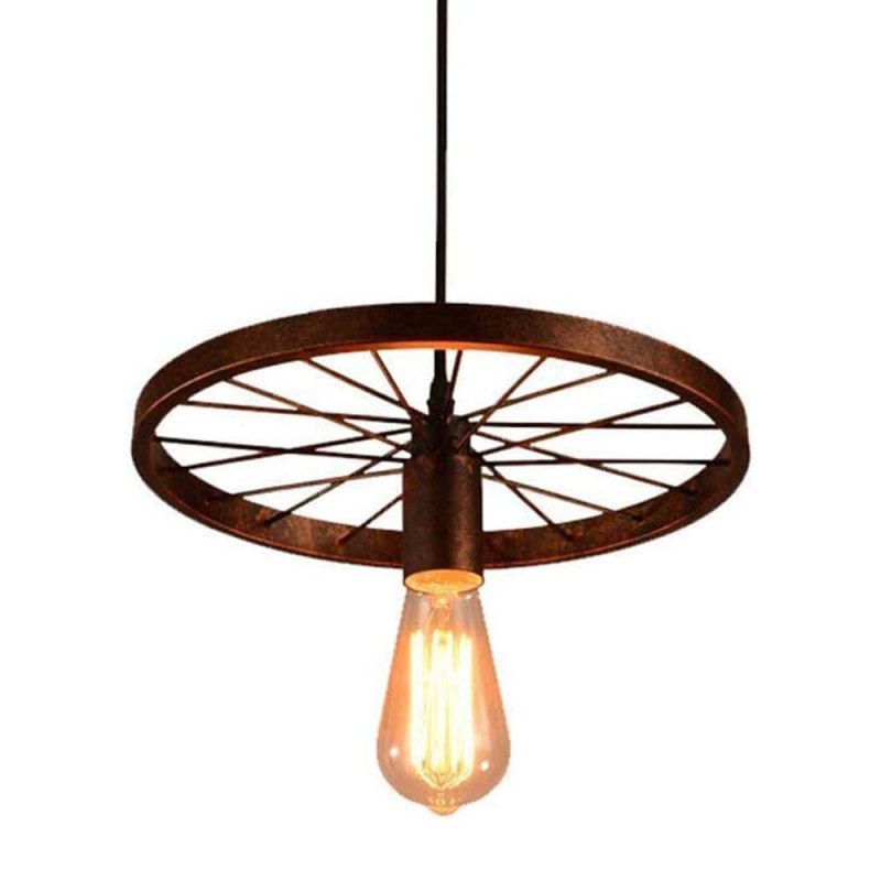 Alessio Retro Industrial Wagon Wheel Metal Pendant Light, Black/Rust