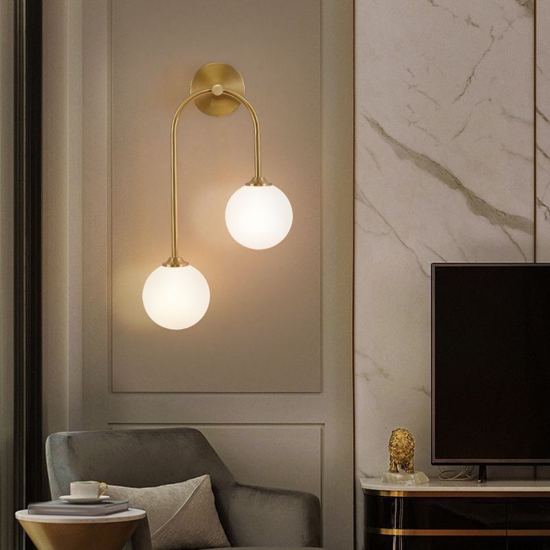 Valentina Modern Arc Globe Glass Wall Lamp, Brass, Living Room