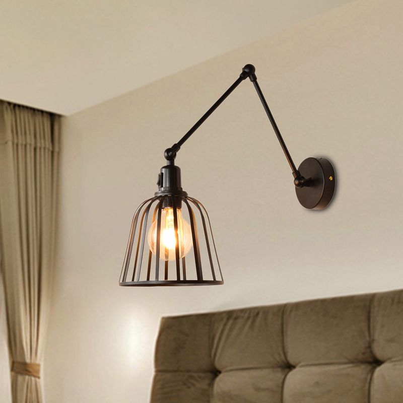 Alessio Vintage Cage Adjustable Wall Lamp, Metal, Black, Living Room