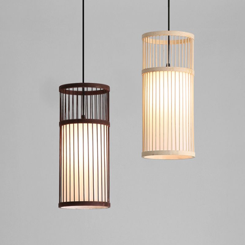 Ozawa Weave Cylinder Pendant Light, Coffee/Wood, Metal/Bamboo