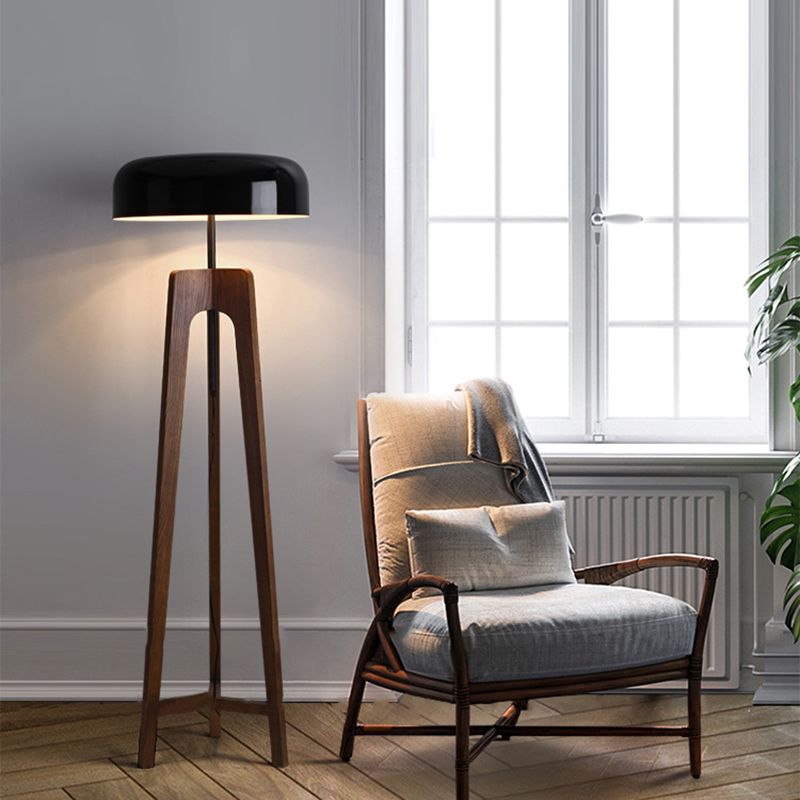 Ozawa Modern Bowl Tripod Wood Metal Floor Lamp, Black/White