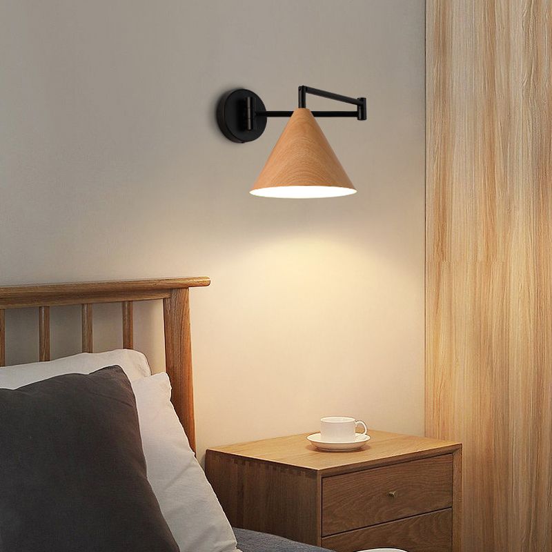 Ozawa Cone Shaped Adjustable Wall Lamp, Metal/Wood, Bedroom