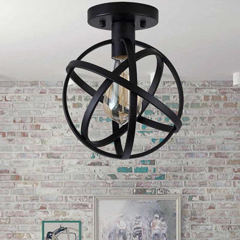 Herbert Retro Globe Lantern Metal Flush Mount Ceiling Light, Balck