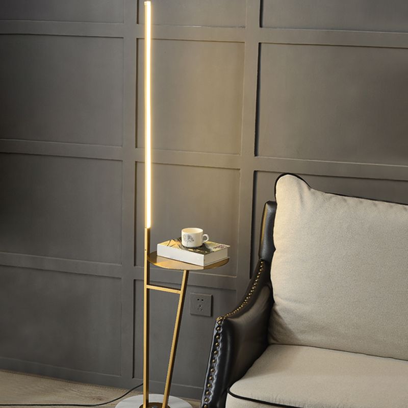 Edge Linear Floor Lamp With Table, Metal, Black/White/Gold