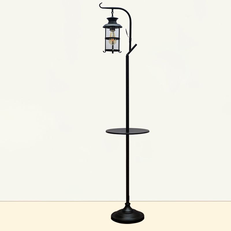 Alessio Retro Lantern Metal Glass Floor Lamp /w Table, Black/White