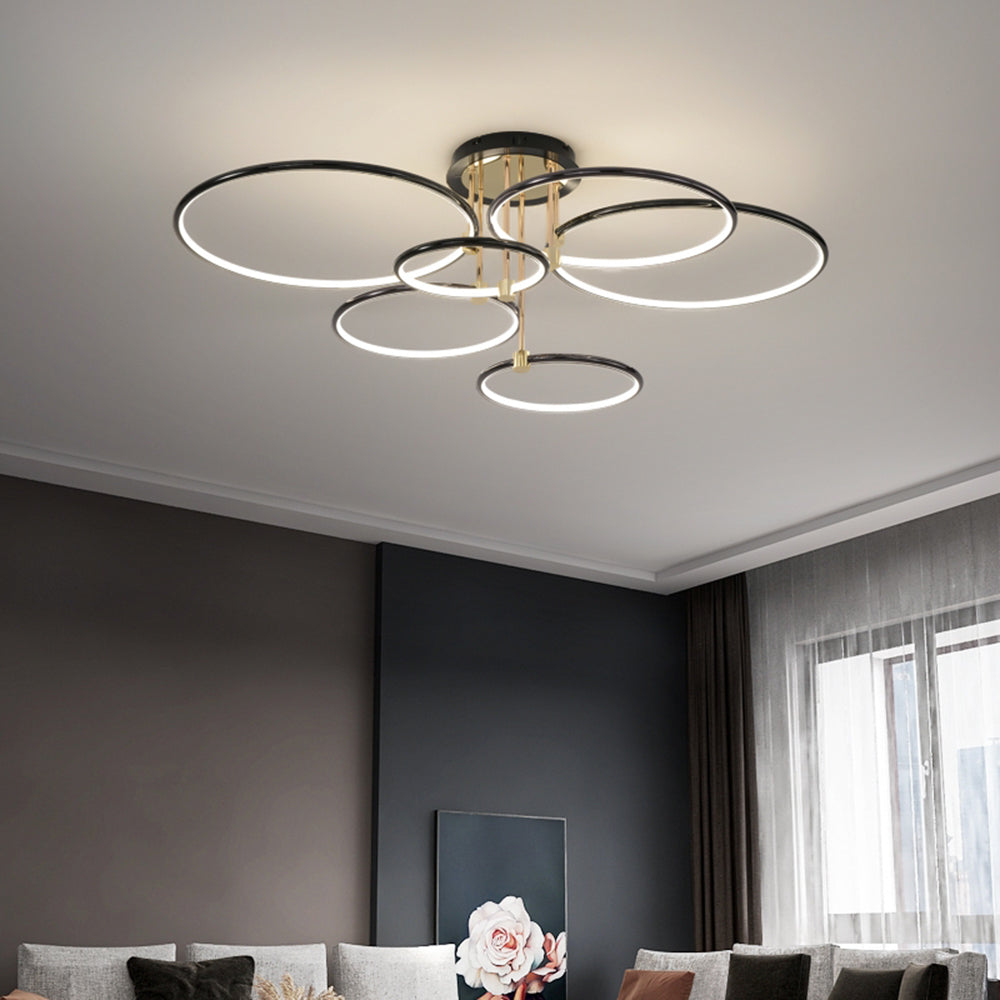 Arisha Modern Circle Semi-Flush Mount Ceiling Light, Gold & Black, 2/3/6 Ring