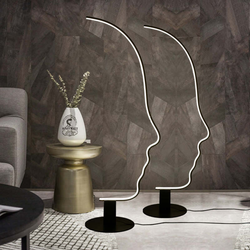 Edge Human Face Profile Modern Arc Floor Lamp, Black, Metal/Silicon