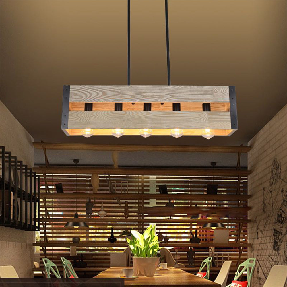 Alessio Retro Rectangular Metal & Wood Pendant Light, 5 Heads, 2 Style