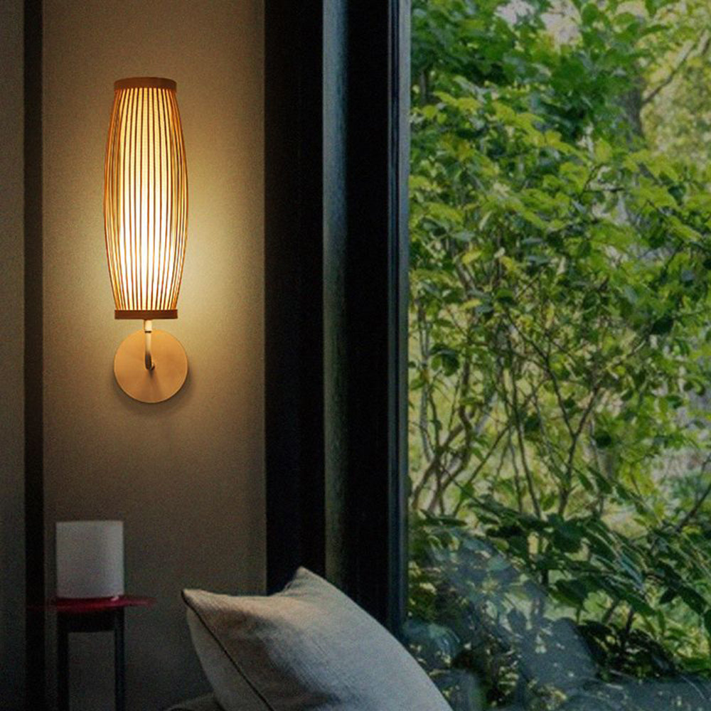 Muto Japanese Cylindrical Bamboo Rattan Wall Lamp, Wood