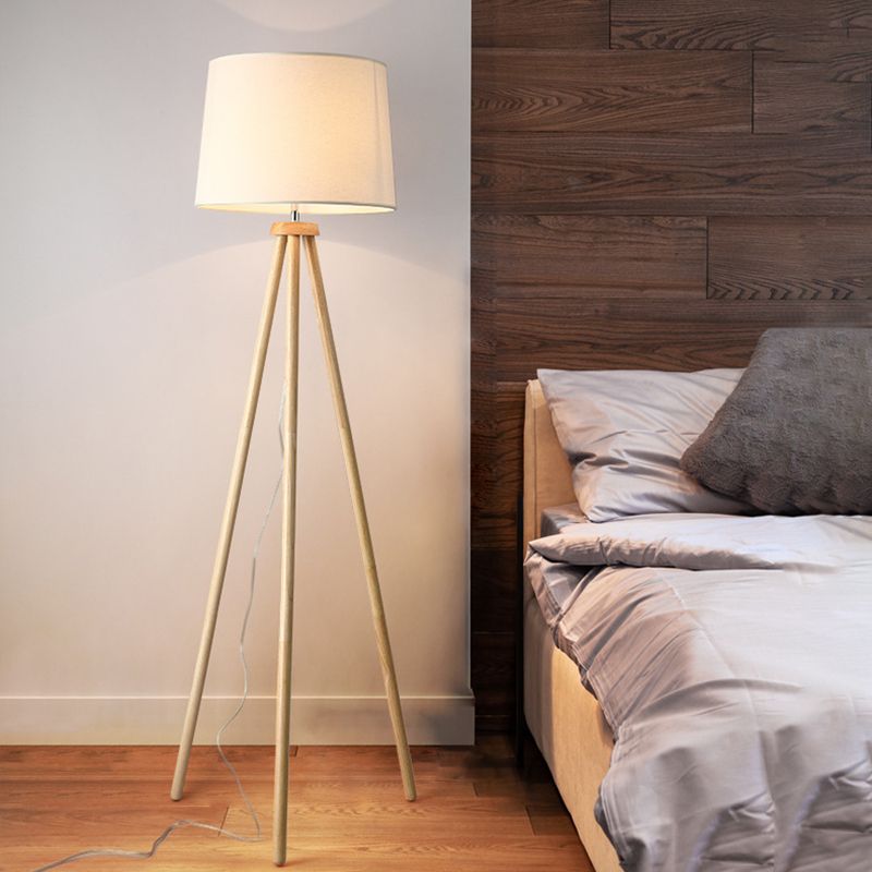 Muto Modern Cylinder Wood Fabric Floor Lamp, White/Beige