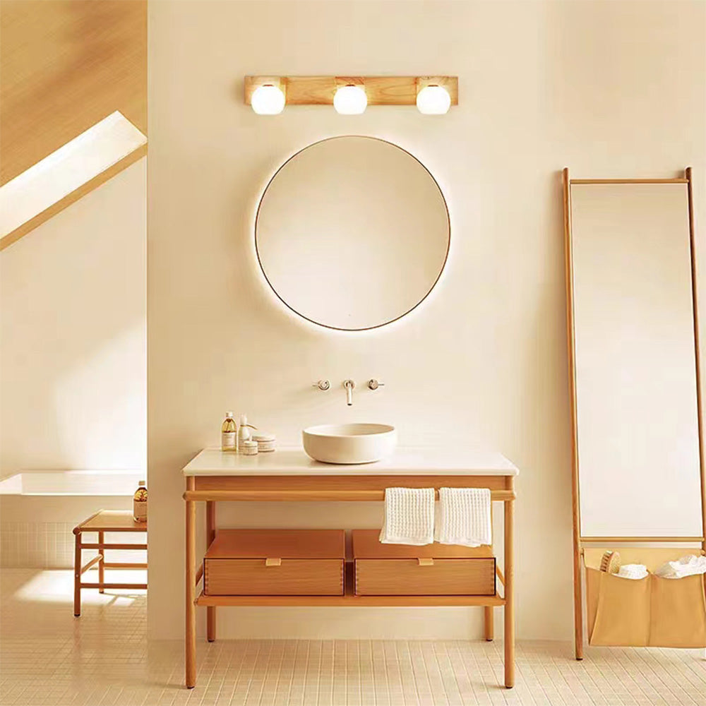 Ozawa Wooden Ball Mirror Front Vanity Wall Lamp, Log Color