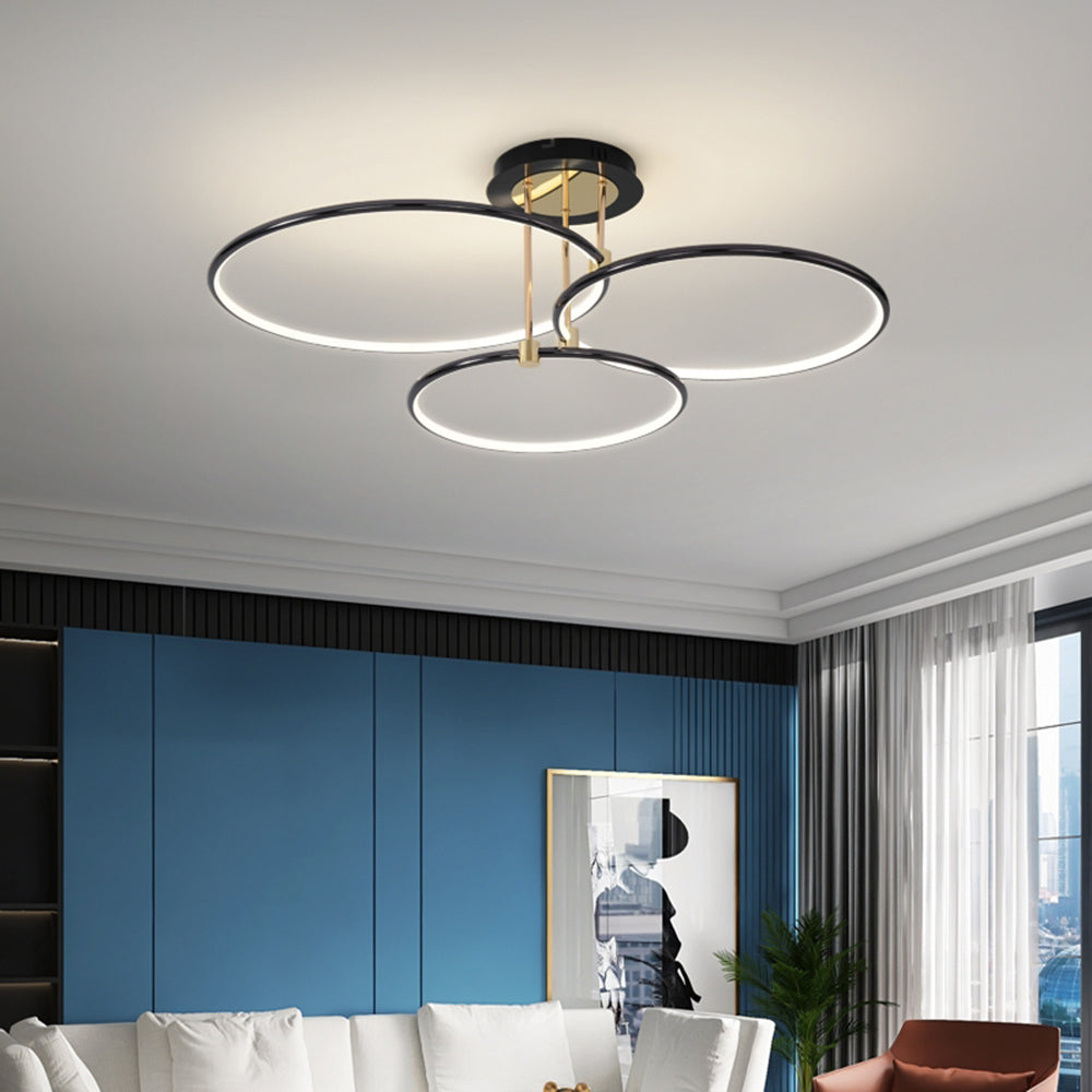 Arisha Modern Circle Semi-Flush Mount Ceiling Light, Gold & Black, 2/3/6 Ring