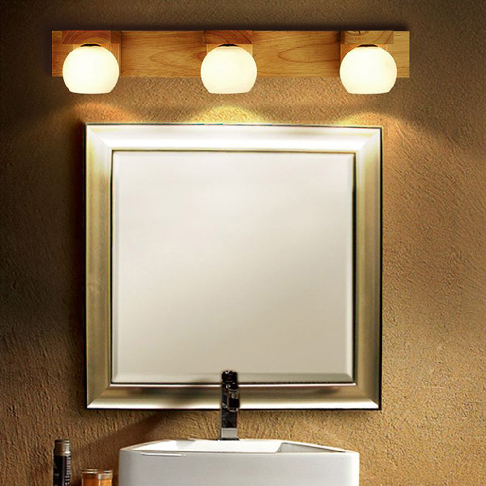 Ozawa Wooden Ball Mirror Front Vanity Wall Lamp, Log Color