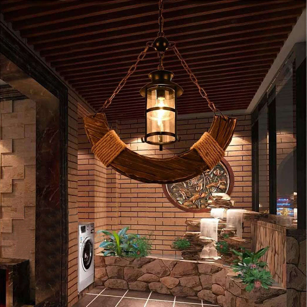 Austin Retro Rustic Arc Metal/Wood Lantern Glass Pendant Light