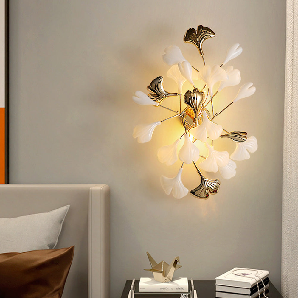 Olivia Decorative Flower Ceramic/Metal Wall Lamp, White/Gold