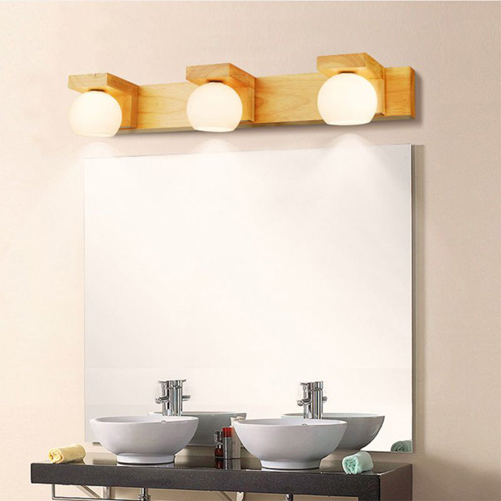 Ozawa Wooden Ball Mirror Front Vanity Wall Lamp, Log Color