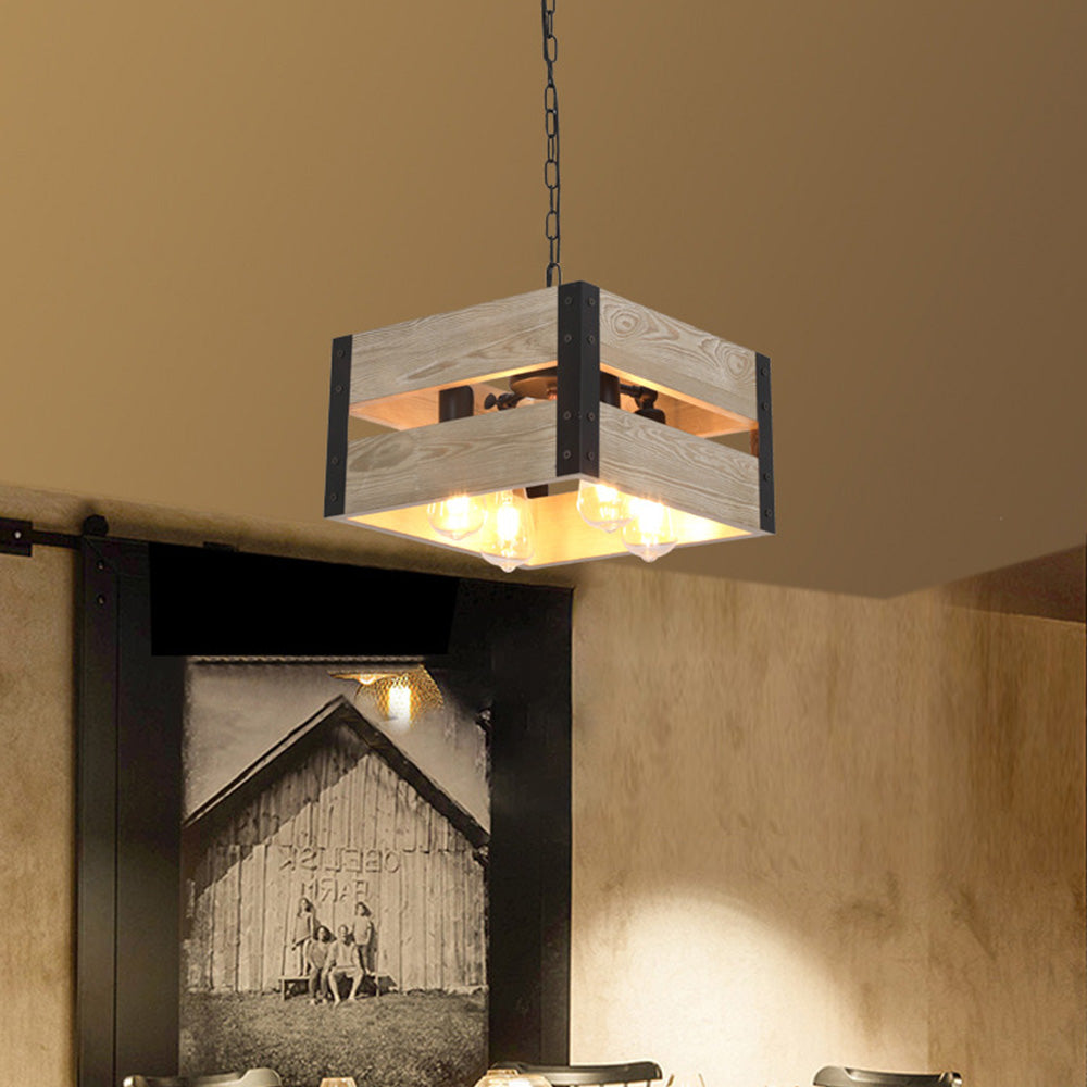 Alessio Retro Square Metal & Wood Pendant Light, 4 Heads, 2 Style