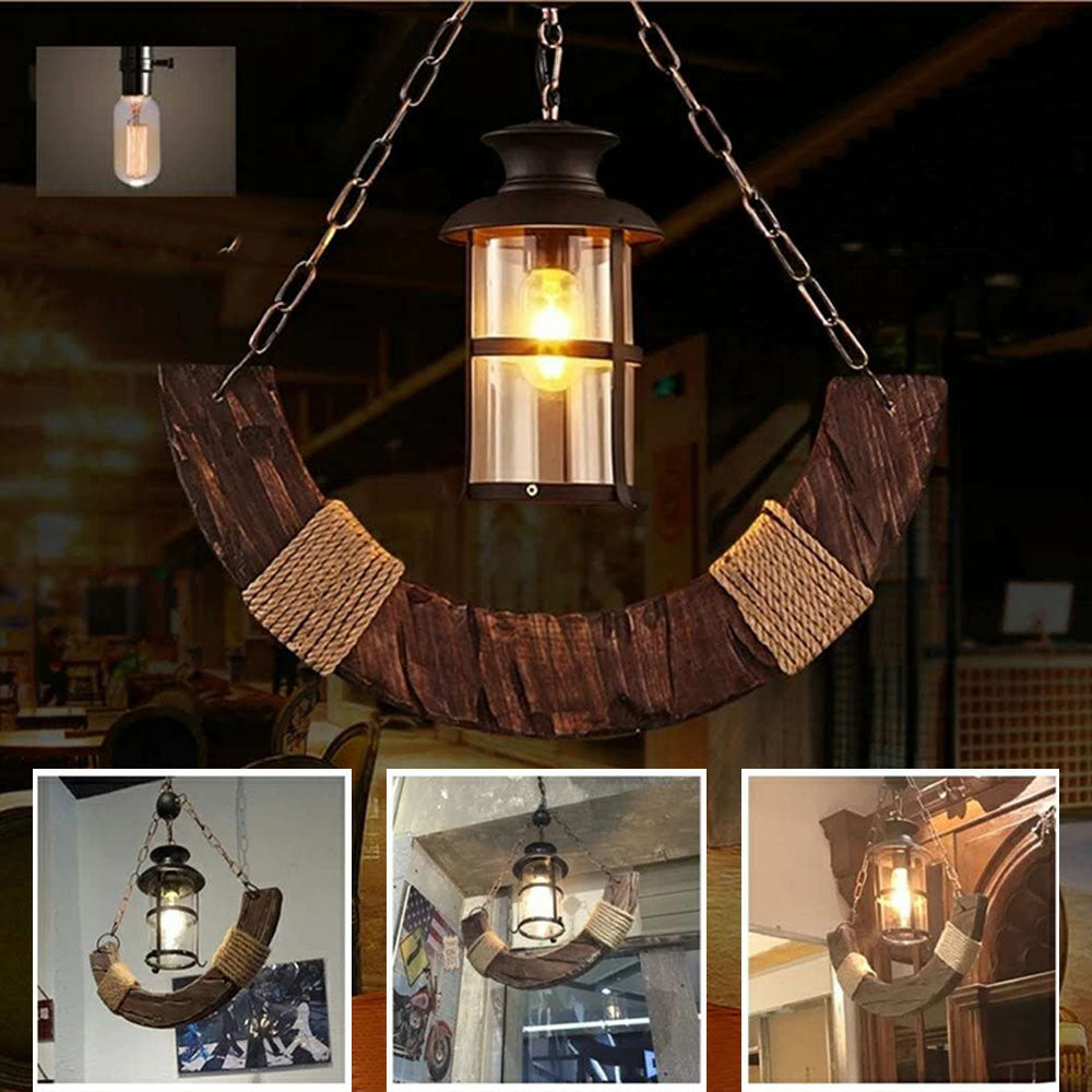 Austin Retro Rustic Arc Metal/Wood Lantern Glass Pendant Light