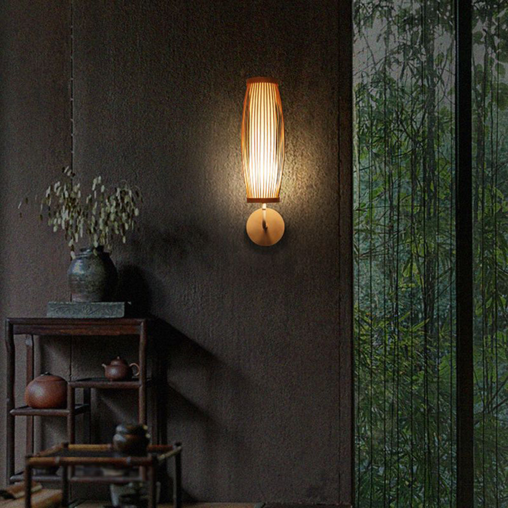 Muto Japanese Cylindrical Bamboo Rattan Wall Lamp, Wood
