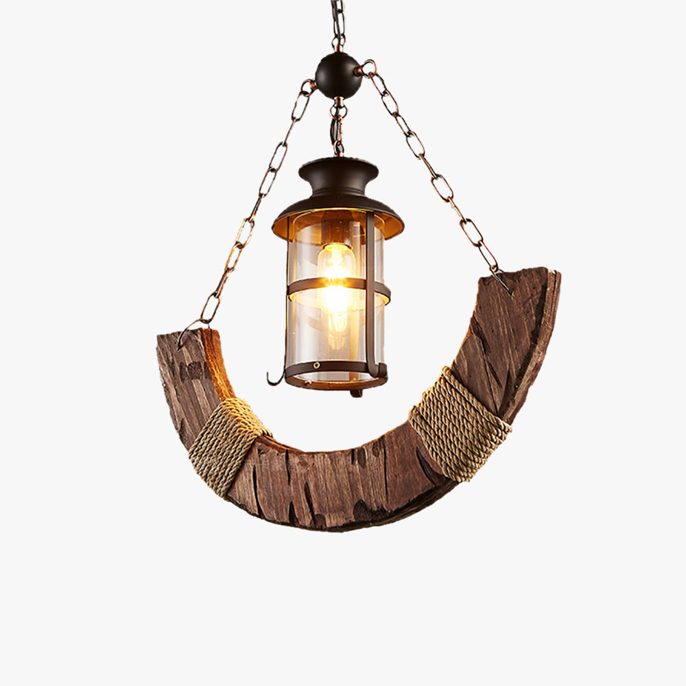 Austin Retro Rustic Arc Metal/Wood Lantern Glass Pendant Light