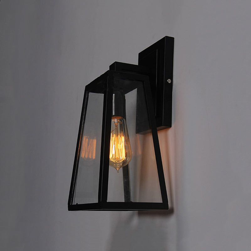 Alessio Retro Black Industrial Lantern Wall Lamp, Metal & Glass