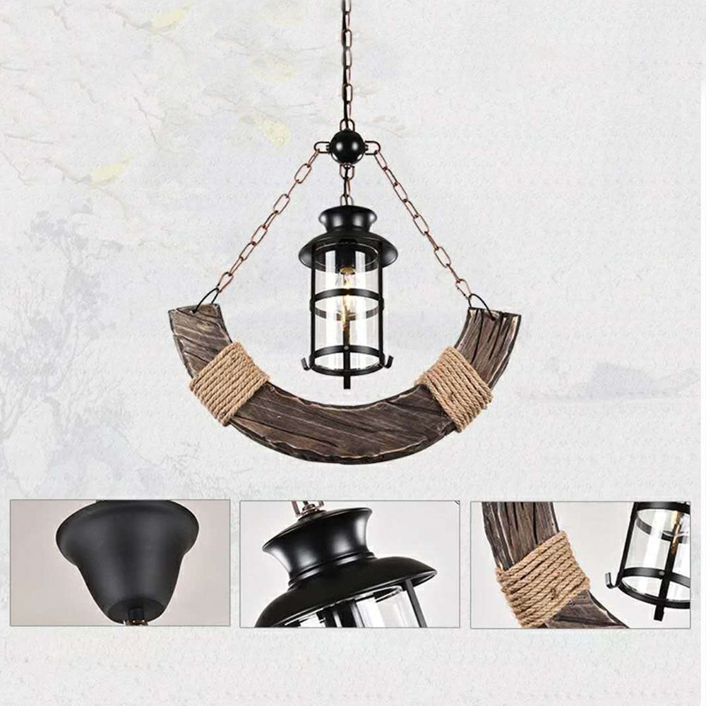 Austin Retro Rustic Arc Metal/Wood Lantern Glass Pendant Light