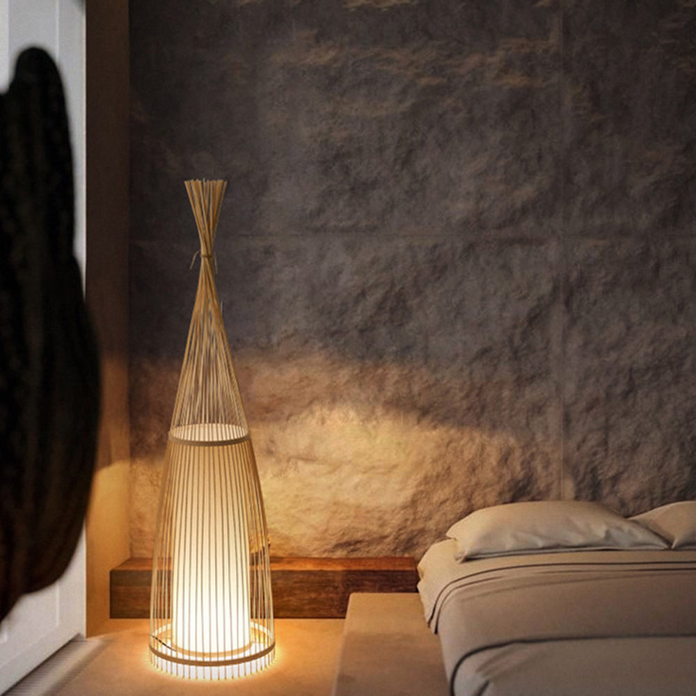 Ozawa Rustic Bottle Standing Floor Lamp, Rattan/Fabric, Bedroom