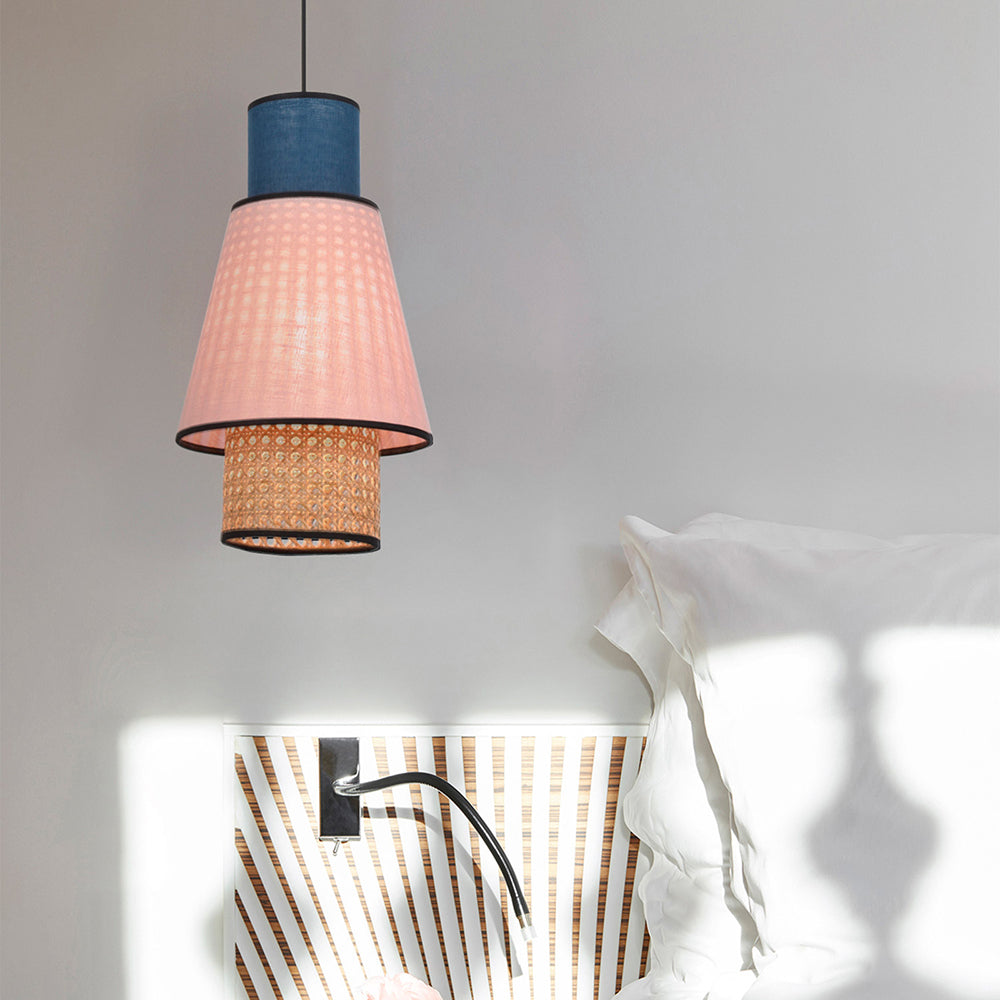 Ritta Cylindrical Fabric/Rattan Pendant Light, Pink/Royal Blue