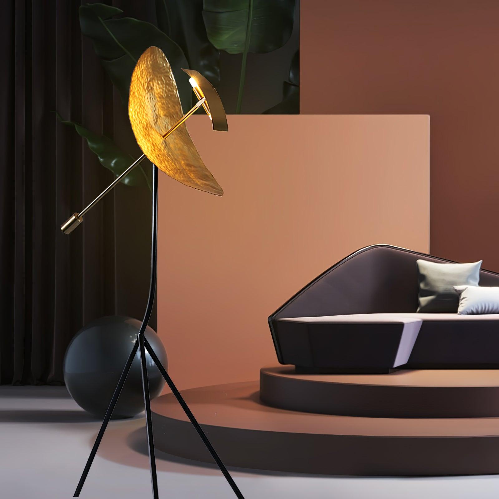 Salgado Floor Lamp Tripod Reflection Postmodern, Metal, Gold, Living Room