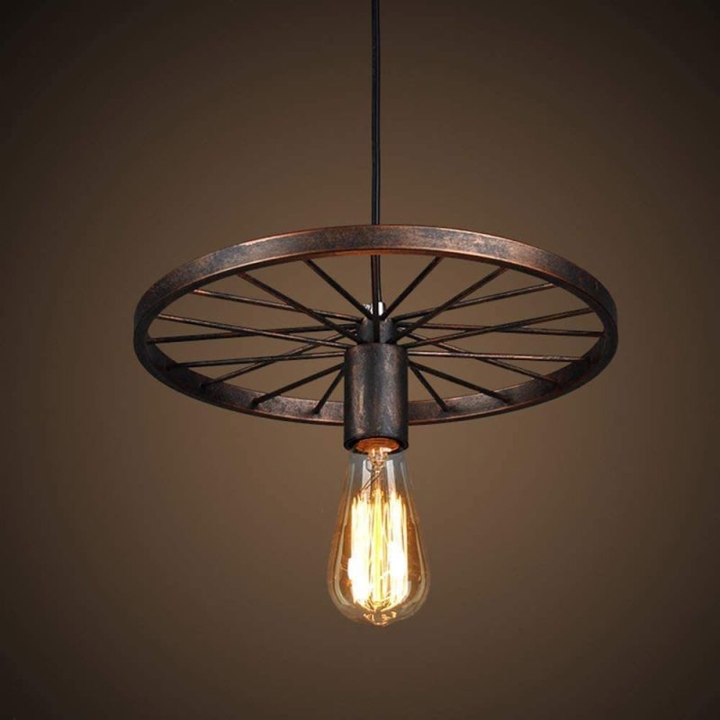 Alessio Retro Industrial Wagon Wheel Metal Pendant Light, Black/Rust