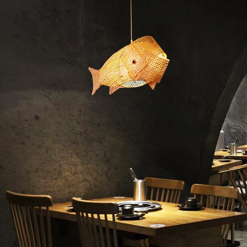 Muto Art Deco Rattan Pendant Light, Fish , Bamboo, Restaurant