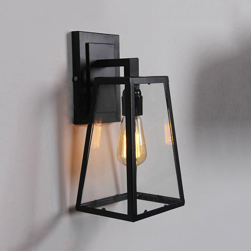Alessio Retro Black Industrial Lantern Wall Lamp, Metal & Glass