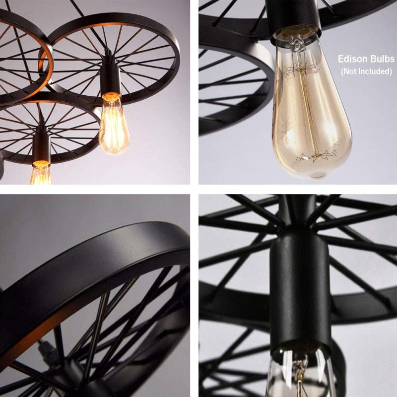 Alessio Retro Industrial Wagon Wheel Metal Pendant Light, Black/Rust